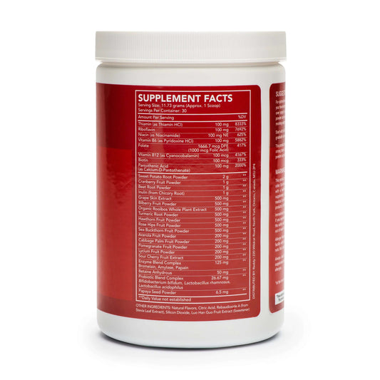 Close-up of the supplement facts label on Reddy Red Organic Superfood Powder packaging, showing detailed nutritional information including vitamin content and serving size.