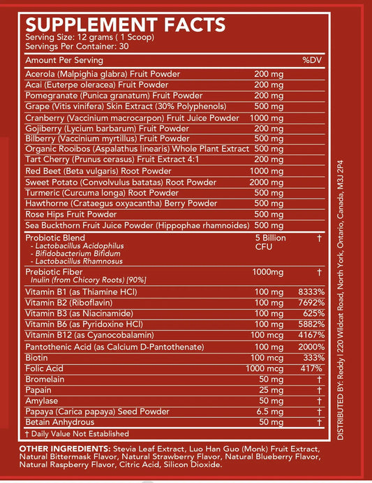 Close-up view of the supplement facts labels on twelve bottles of Reddy Red Organic Superfood Powder, clearly displaying detailed nutritional information to support a regular wellness routine.