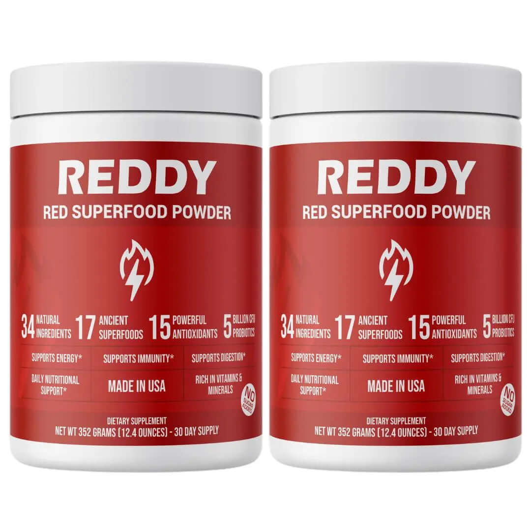 Pair of Reddy Red Organic Superfood Powder bottles side by side, illustrating the dual-pack option for customers looking to extend their supply of nutrient-rich superfood.