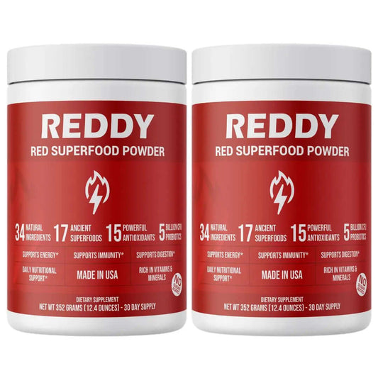 Pair of Reddy Red Organic Superfood Powder bottles side by side, illustrating the dual-pack option for customers looking to extend their supply of nutrient-rich superfood.