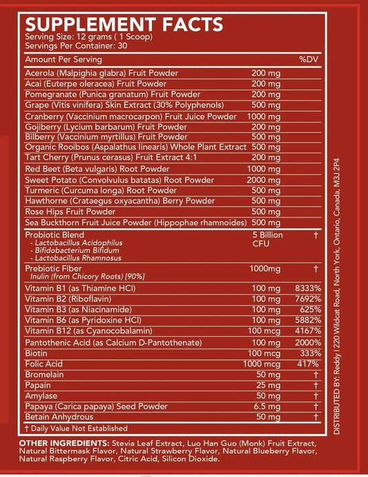 Close-up view of the supplement facts labels on two bottles of Reddy Red Organic Superfood Powder, clearly displaying detailed nutritional information to support a regular wellness routine.