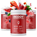 Load image into Gallery viewer, Vibrant image of fruits bursting from three bottles of Reddy Red Organic Superfood Powder, symbolizing the natural and potent ingredients contained in each bottle, ideal for enhancing a daily wellness regimen.