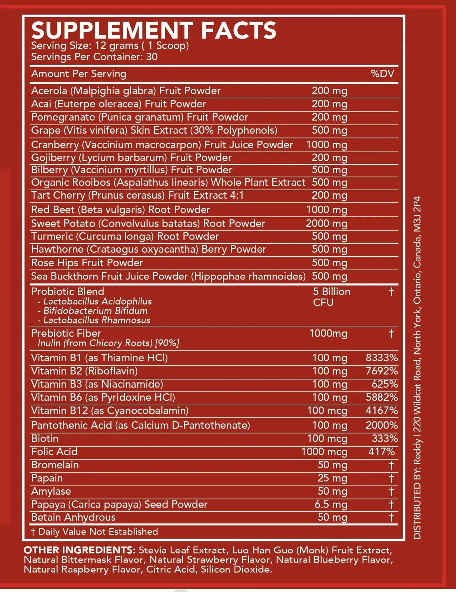 Supplement facts for Six bottles of Reddy Red Organic Superfood Powder lined up, showcasing the bulk packaging option for consistent health and wellness support.