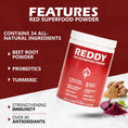 Load image into Gallery viewer, Detailed image highlighting the key features of Reddy Red Organic Superfood Powder, including organic certification and no added sugars, displayed on a visually appealing infographic background.