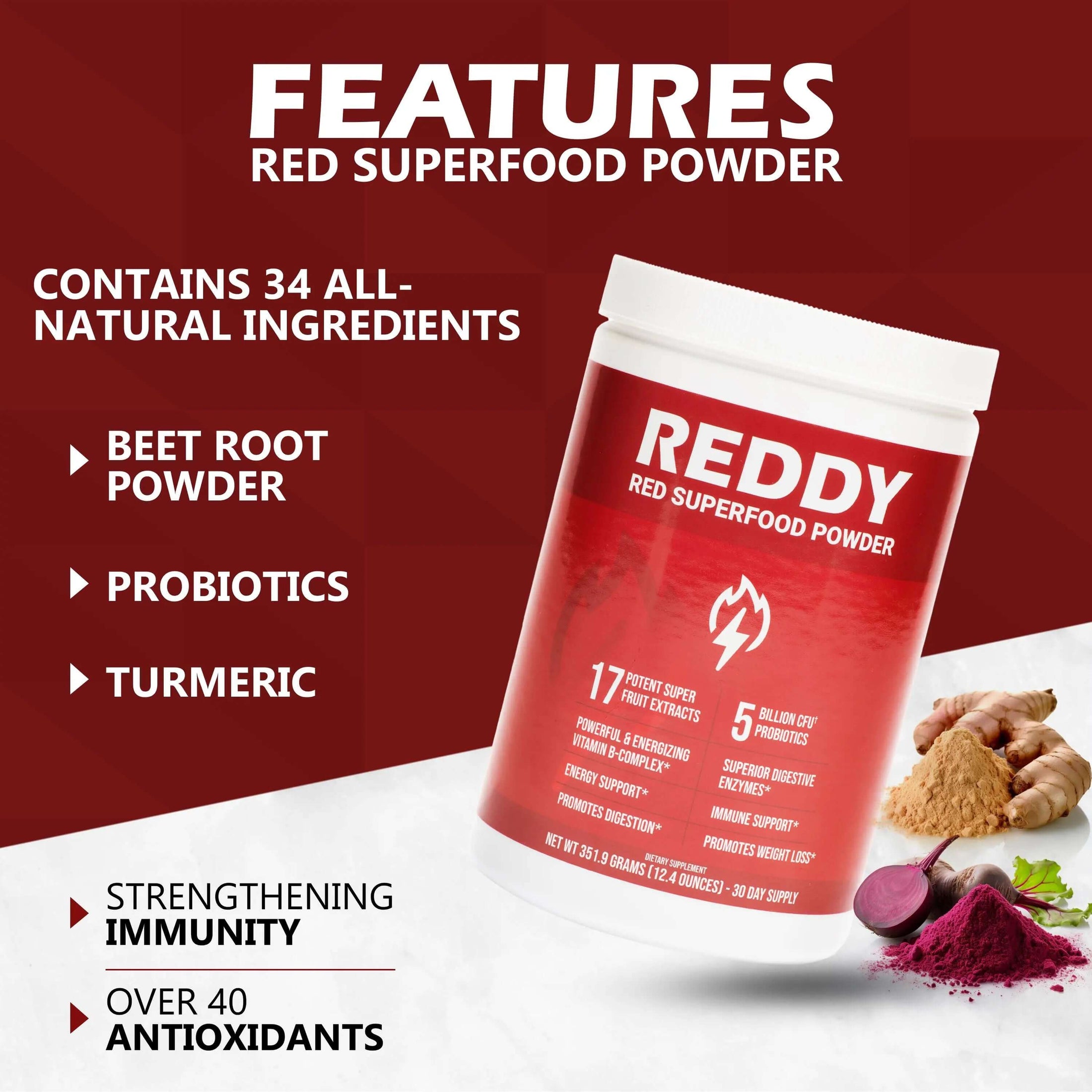 Detailed image highlighting the key features of Reddy Red Organic Superfood Powder, including organic certification and no added sugars, displayed on a visually appealing infographic background.