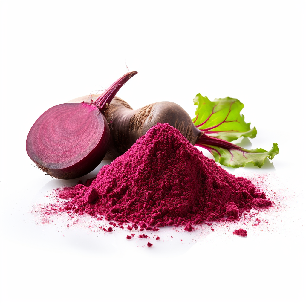 Beet root powder in a glass jar next to fresh beet roots, illustrating the transformation from vegetable to supplement for health benefits.