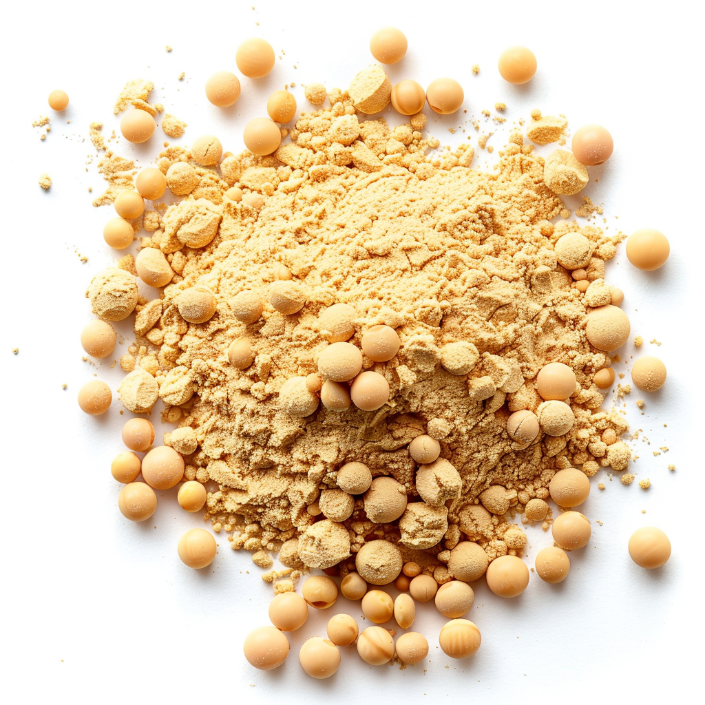 Close-up image of soy lecithin granules with a descriptive overlay detailing its health benefits, particularly for cholesterol and cognitive function.