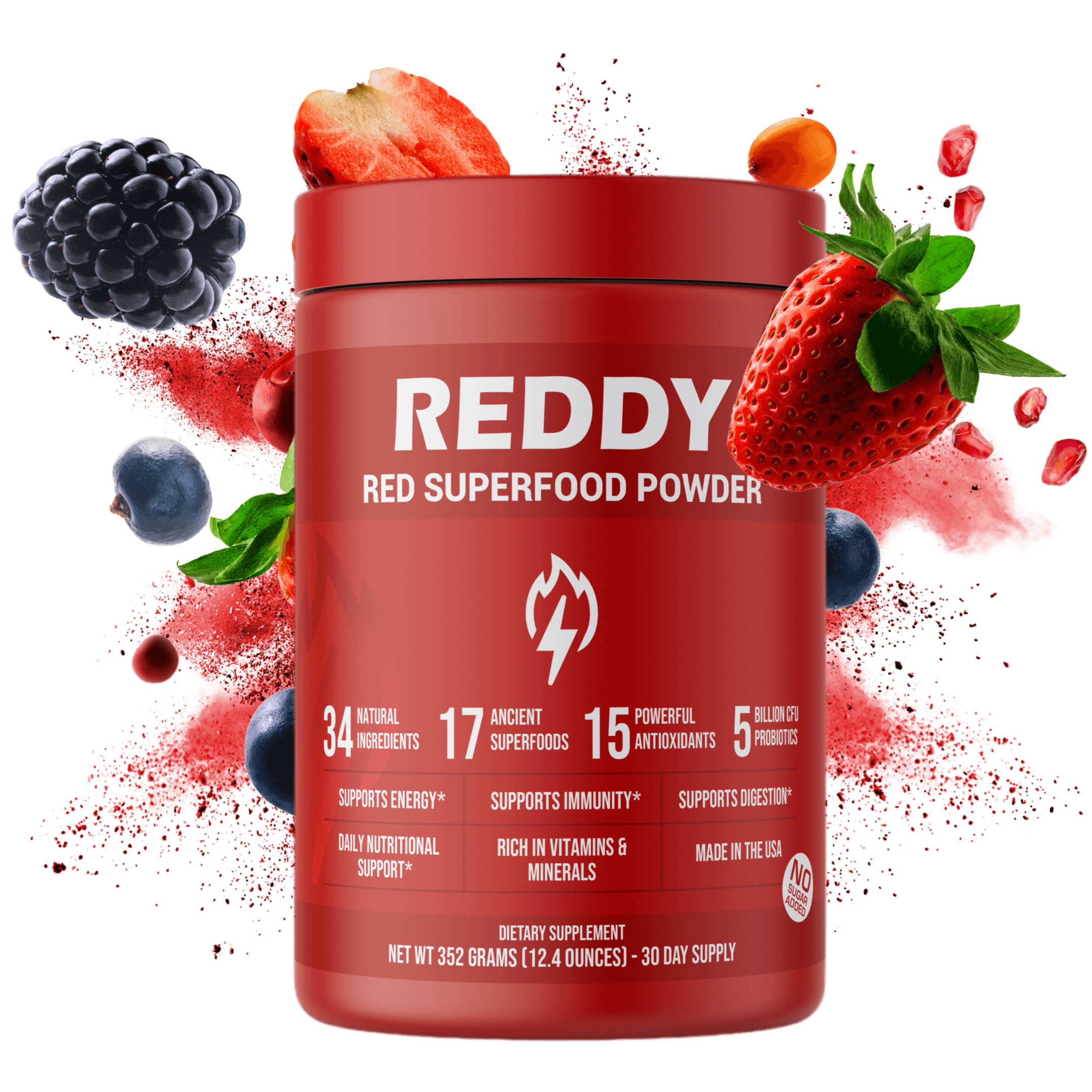 Front view of the Reddy Red Organic Superfood Powder packaging, featuring a clean, modern design with a clear label listing all organic ingredients, set against a white background.