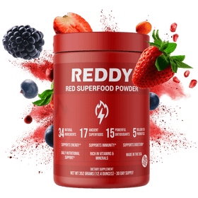 Front view of the Reddy Red Organic Superfood Powder packaging, featuring a clean, modern design with a clear label listing all organic ingredients, set against a white background.