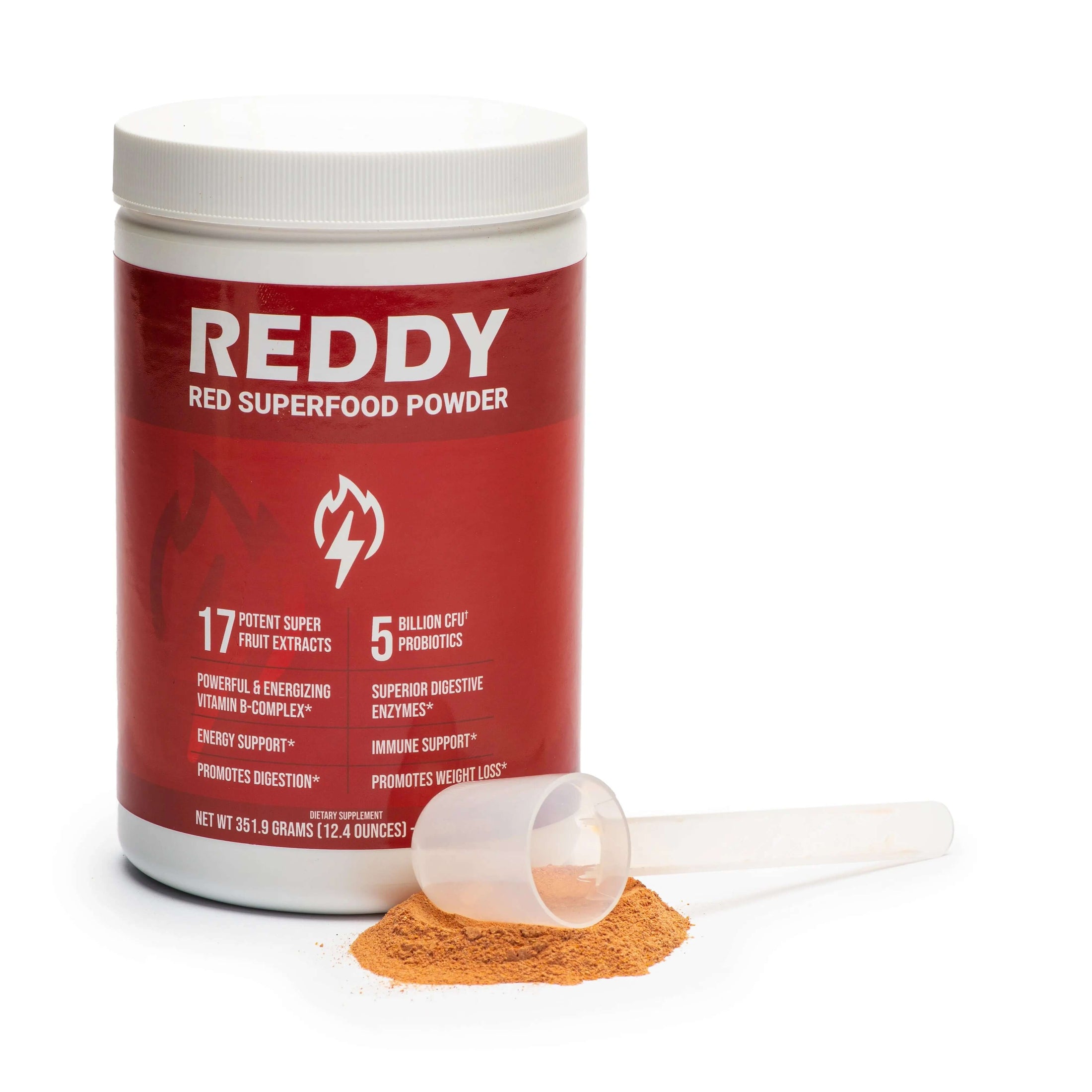 Reddy Red Organic Superfood Powder alongside fresh fruits like pomegranates and berries, showcasing potential complementary ingredients for recipes.