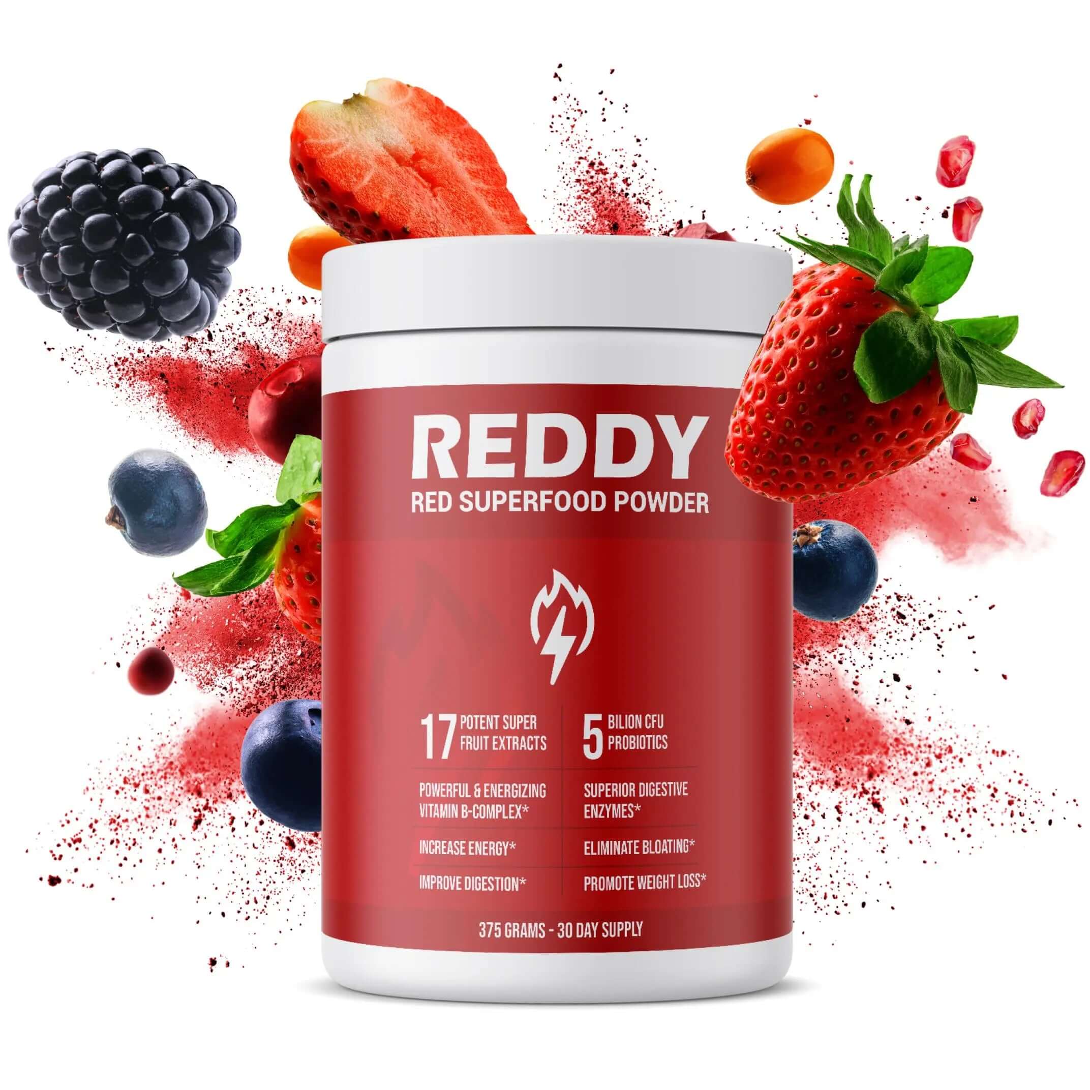 Fruits bursting from Reddy Red Superfood Powder bottle