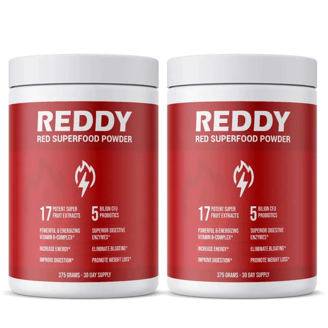 Pair of Reddy Red Organic Superfood Powder bottles side by side, illustrating the dual-pack option for customers looking to extend their supply of nutrient-rich superfood.