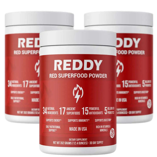 Three bottles of Reddy Red Organic Superfood Powder arranged together, highlighting the trio pack option ideal for maintaining a regular wellness routine.