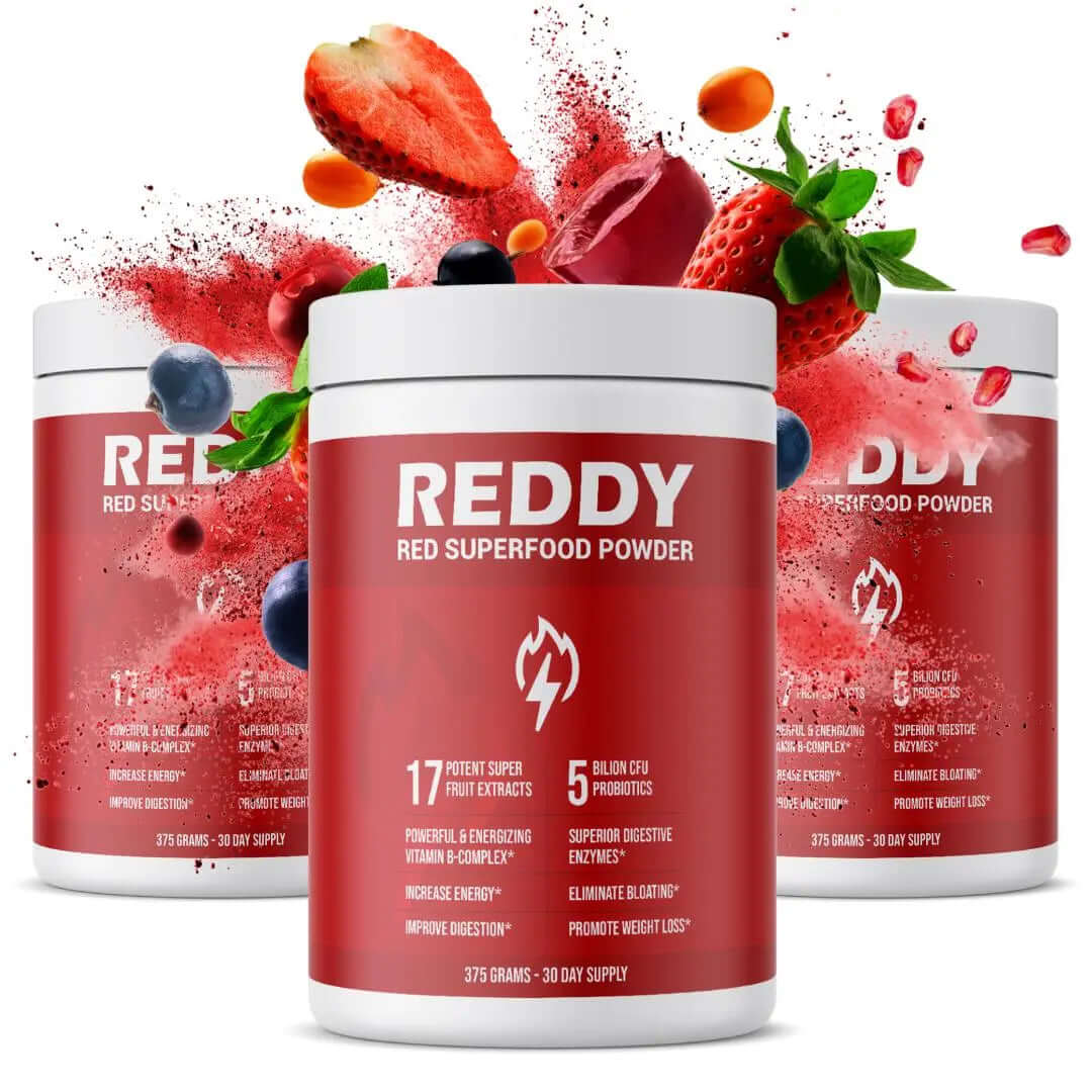 Vibrant image of fruits bursting from three bottles of Reddy Red Organic Superfood Powder, symbolizing the natural and potent ingredients contained in each bottle, ideal for enhancing a daily wellness regimen.