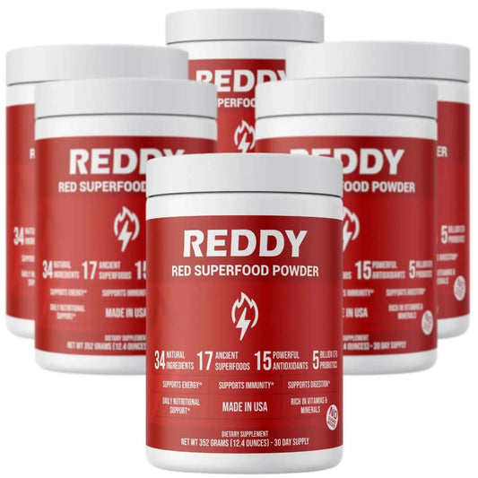 Six bottles of Reddy Red Organic Superfood Powder lined up, showcasing the bulk packaging option for consistent health and wellness support.