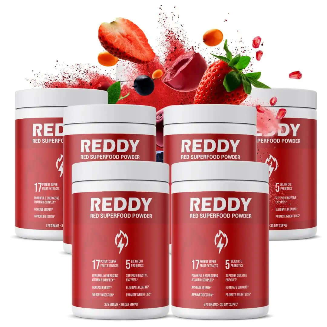 Fruit bursting from bottle of 6 Reddy Red Superfood Powders