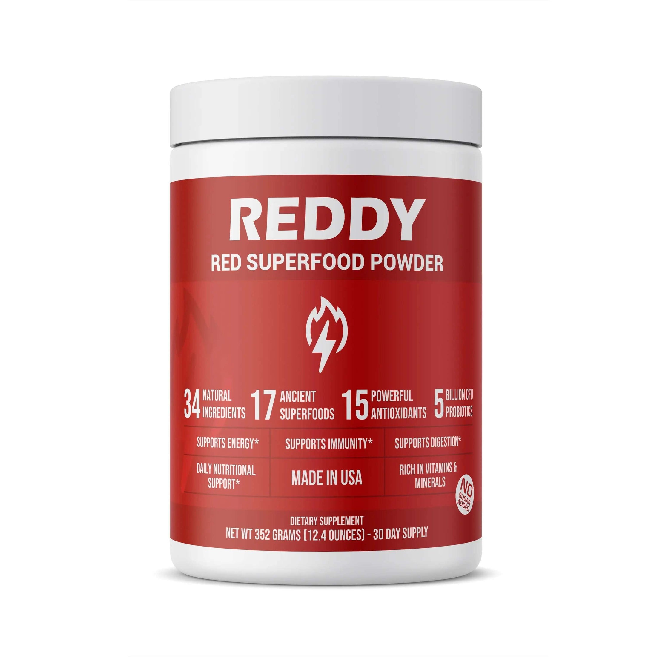 Elegant design of Reddy Red Organic Superfood Powder packaging, emphasizing eco-friendly materials and clear, informative labeling.