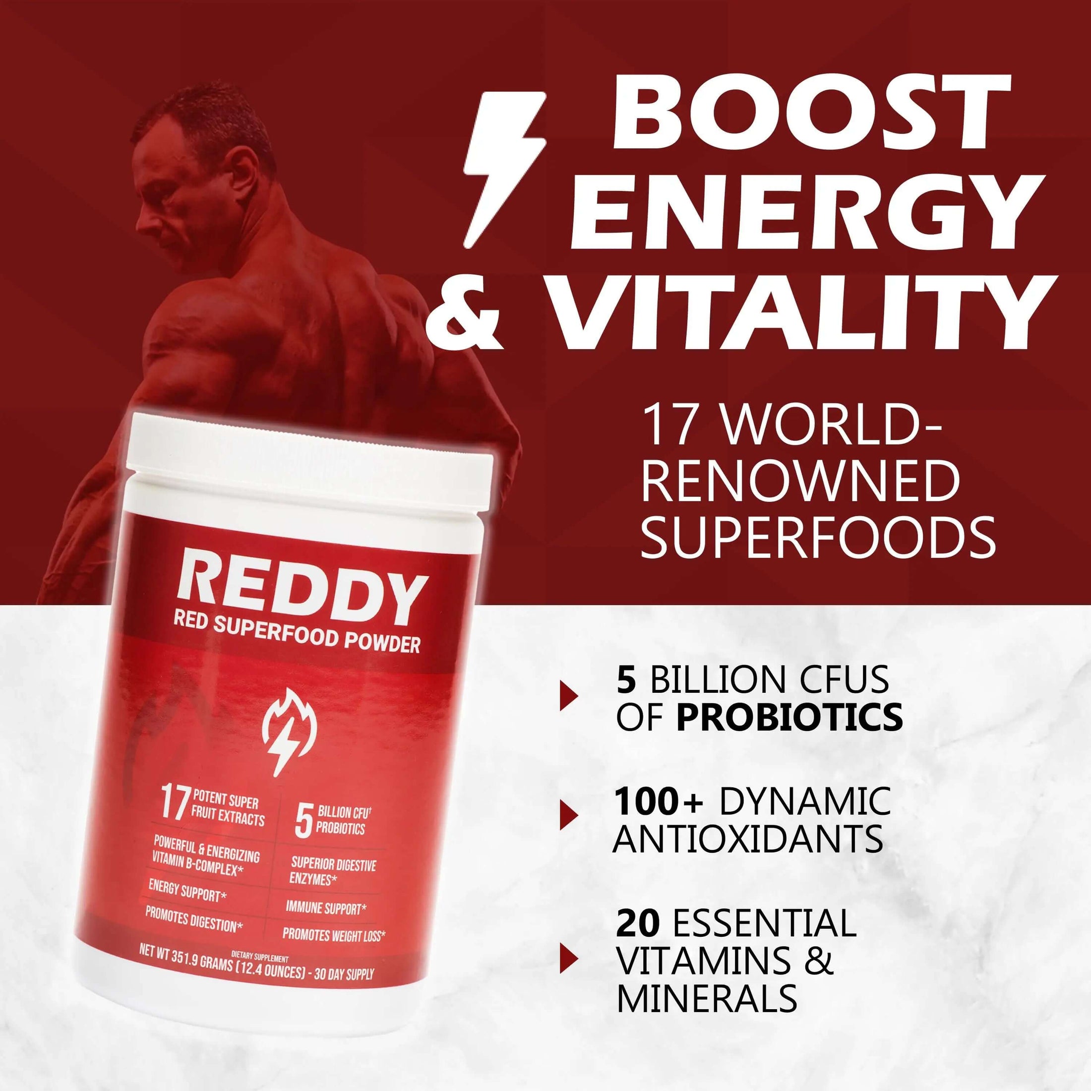 Dynamic image of an active individual enjoying a post-workout smoothie made with Reddy Red Organic Superfood Powder, visually demonstrating the product's energy and vitality boosting properties.