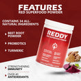 Load image into Gallery viewer, Detailed image highlighting the key features of Reddy Red Organic Superfood Powder, including organic certification and no added sugars, displayed on a visually appealing infographic background.
