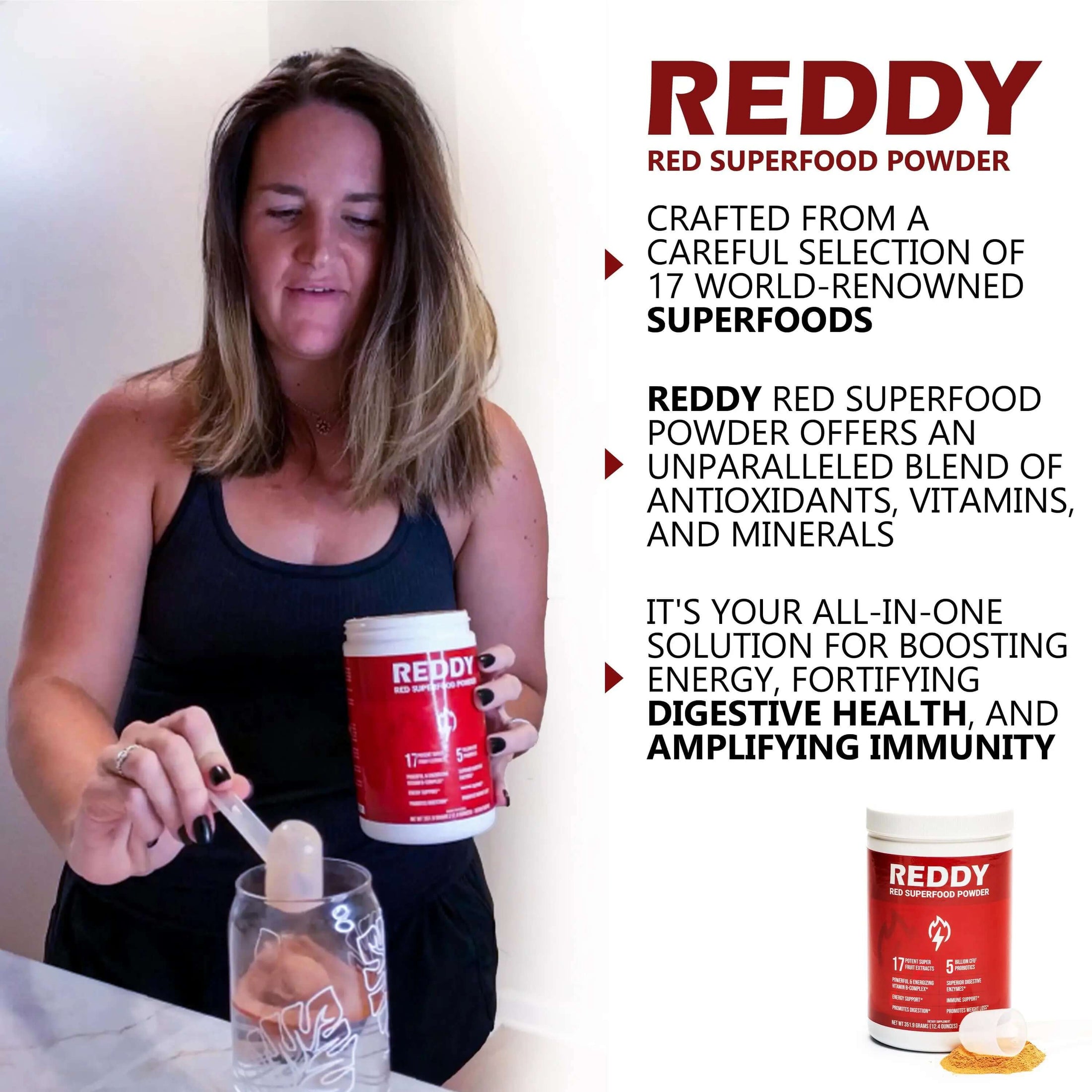 Person pouring Reddy Red Organic Superfood Powder into a smoothie blender, demonstrating its easy mixability and vibrant color.