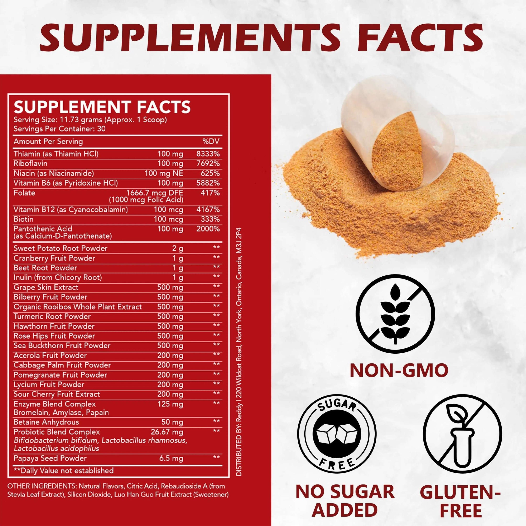 Close-up of the supplement facts label on Reddy Red Organic Superfood Powder packaging, showing detailed nutritional information including vitamin content and serving size.