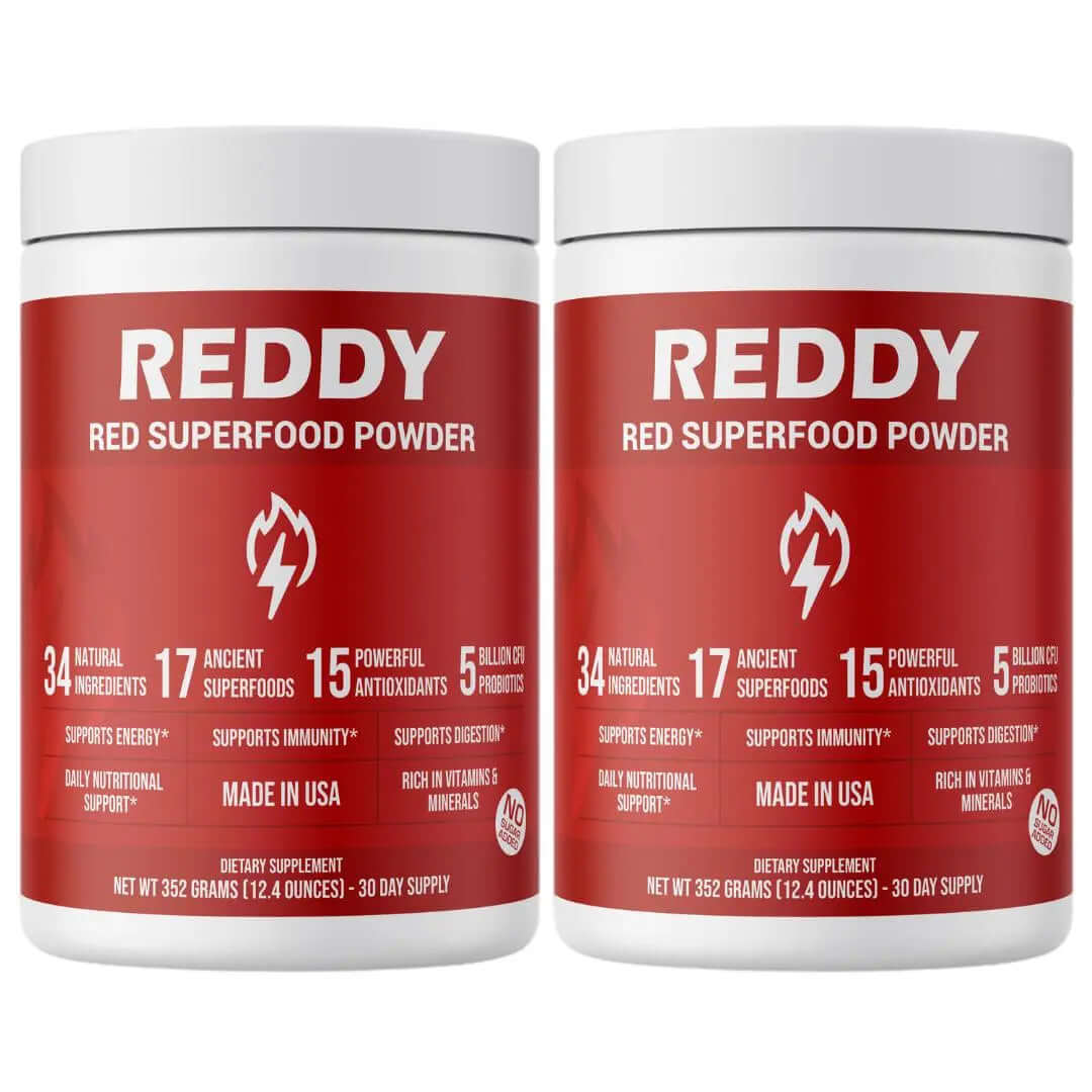 Two packages of Reddy Red Organic Superfood Powder displayed side-by-side, emphasizing the special offer bundle, perfect for stocking up or sharing with a friend.