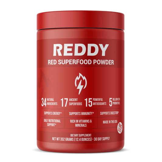 Single bottle of Reddy Red Organic Superfood Powder showcased on a clean, minimalistic background, emphasizing the product's sleek packaging and organic contents for health-conscious consumers.